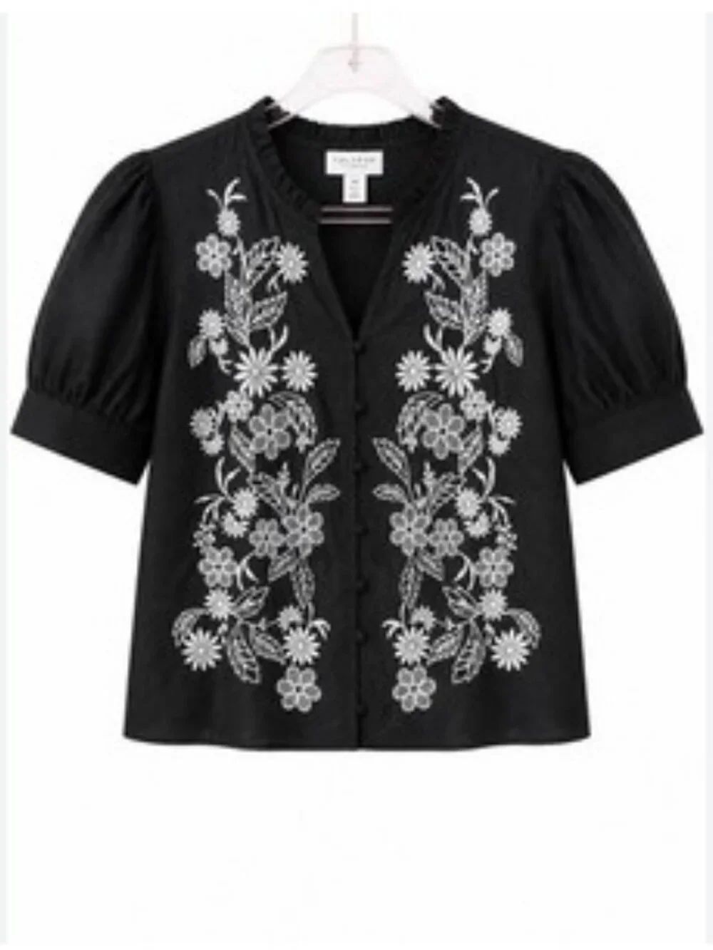 Like New! Calypso St. Barth Black Embroidered Floral Popover Top 100% Cotton S